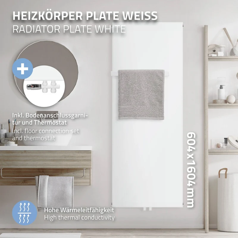 Badheizkörper 604x1600 mm Weiß mit Boden Anschlussgarnitur inkl. 1x Handuchhalter ML-Design