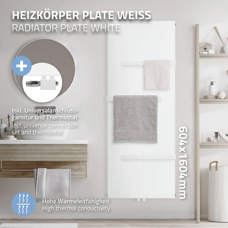 Badheizkörper 1600x604 mm Weiß mit Universale Anschlussgarnitur inkl. 3x Handuchhalter ML-Design