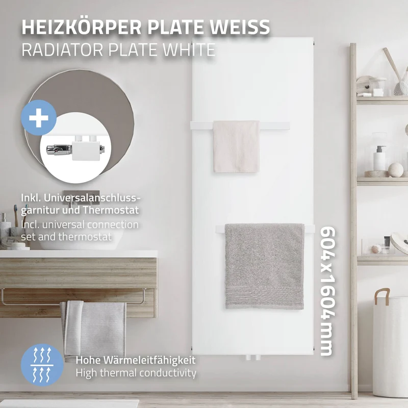 Badheizkörper 604x1600 mm Weiß mit Universale Anschlussgarnitur inkl. 2x Handuchhalter ML-Design