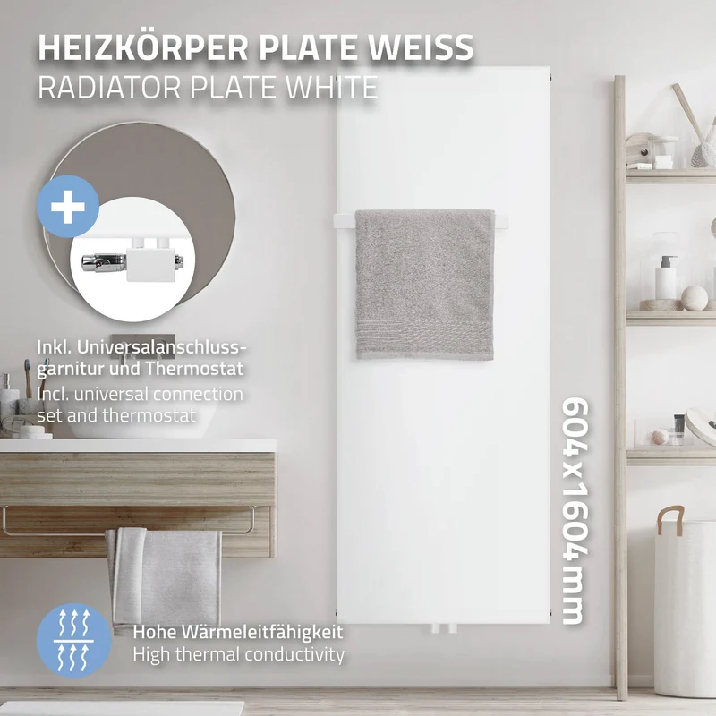 Badheizkörper 1600x604 mm Weiß mit Universale Anschlussgarnitur inkl. 1x Handuchhalter ML-Design