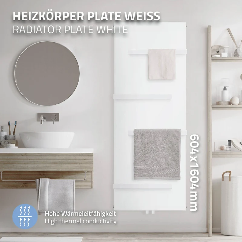 Badheizkörper 1600x604 mm Weiß mit Mittelanschluss inkl. 4x Handuchhalter ML-Design