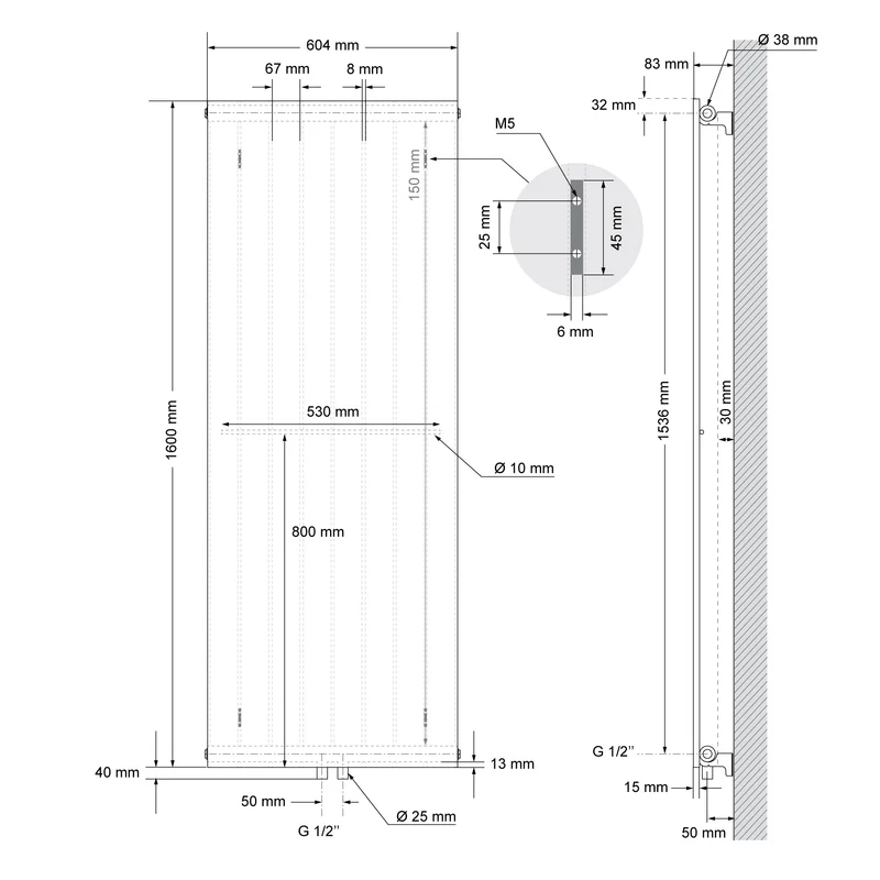 Badheizkörper 1600x604 mm Weiß mit Mittelanschluss inkl. 3x Handuchhalter ML-Design