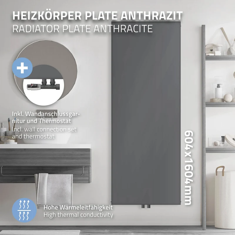 Badheizkörper 1600x604 mm Anthrazit mit Wand Anschlussgarnitur ML-Design