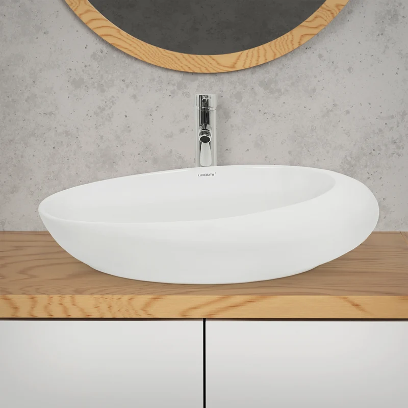 Waschbecken Oval ohne Überlauf 58,5x37,5x14,5 cm Weiß aus Keramik LuxeBath