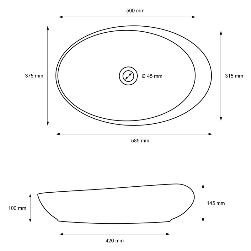 Waschbecken Oval ohne Überlauf 58,5x37,5x14,5 cm Weiß aus Keramik LuxeBath