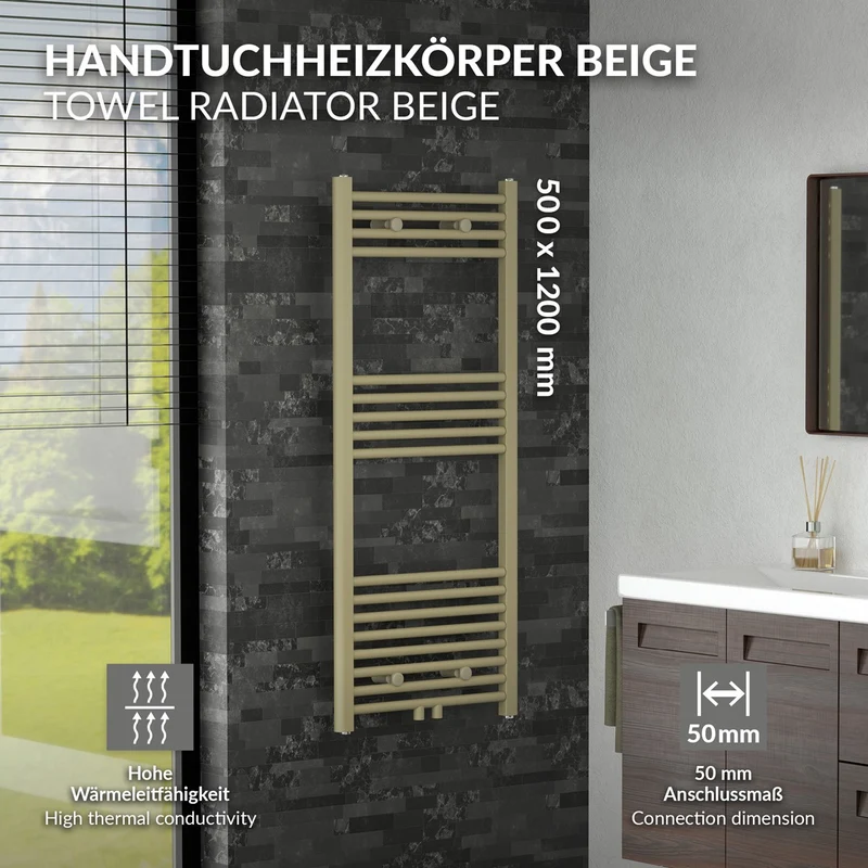 LuxeBath | Handtuchheizkörper Sahara gerade mit Mittelanschluss 500 x 1200 mm Stahl Beige Badheizkörper Handtuchtrockner Handtuchhalter für Badezimmer