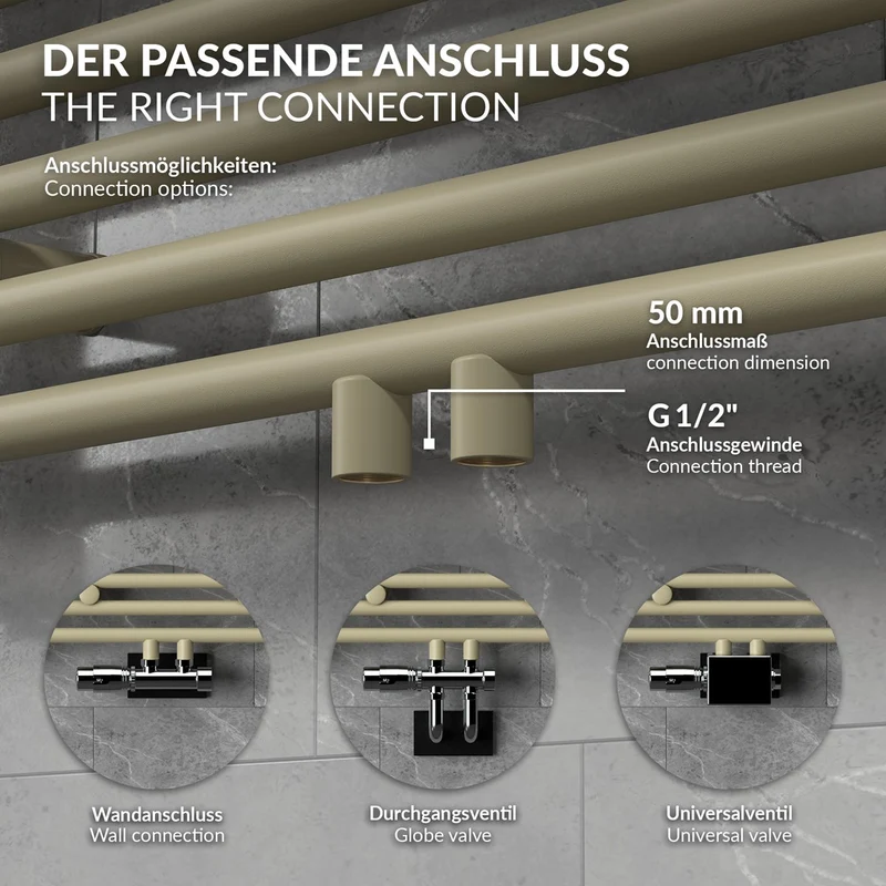 LuxeBath | Handtuchheizkörper Sahara gerade mit Mittelanschluss 500 x 1200 mm Stahl Beige Badheizkörper Handtuchtrockner Handtuchhalter für Badezimmer