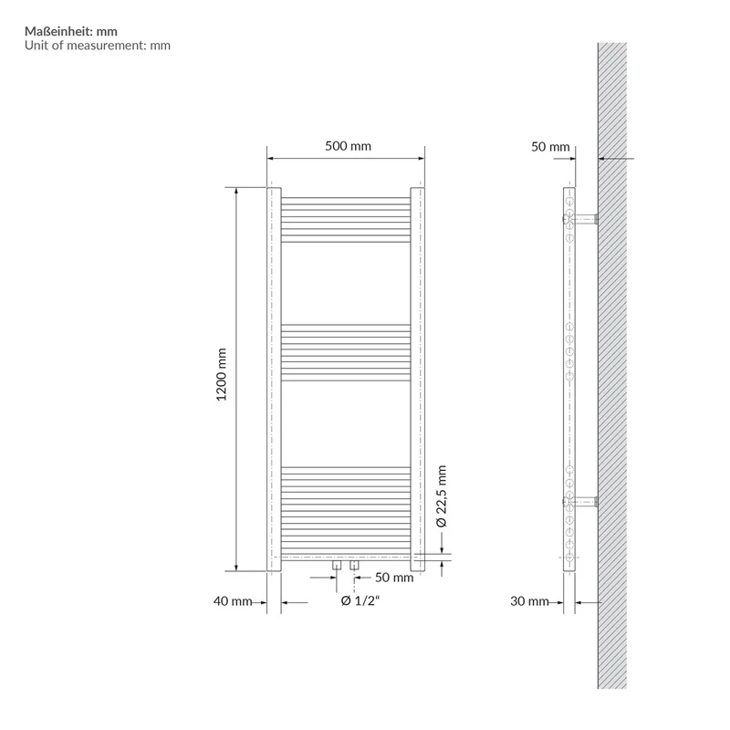LuxeBath | Handtuchheizkörper Sahara gerade mit Mittelanschluss 500 x 1200 mm Stahl Beige Badheizkörper Handtuchtrockner Handtuchhalter für Badezimmer