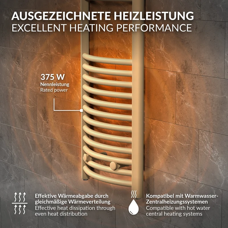 LuxeBath | Handtuchheizkörper Sahara gebogen mit Seitenanschluss 400x1200 mm Stahl Beige Badheizkörper Handtuchtrockner Handtuchhalter für Badezimmer