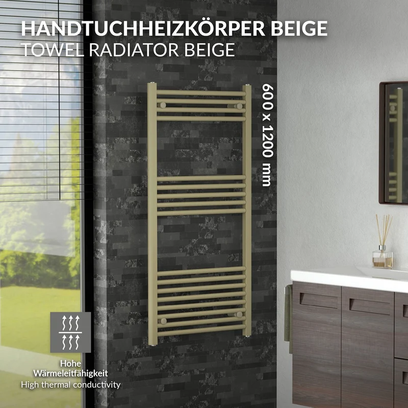 LuxeBath | Handtuchheizkörper Sahara gerade mit Seitenanschluss 600 x 1200 mm Stahl Beige Badheizkörper Handtuchtrockner Handtuchhalter für Badezimmer