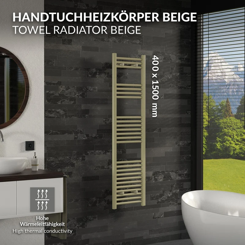 LuxeBath | Handtuchheizkörper Sahara gerade mit Seitenanschluss 400 x 1500 mm Stahl Beige Badheizkörper Handtuchtrockner Handtuchhalter für Badezimmer