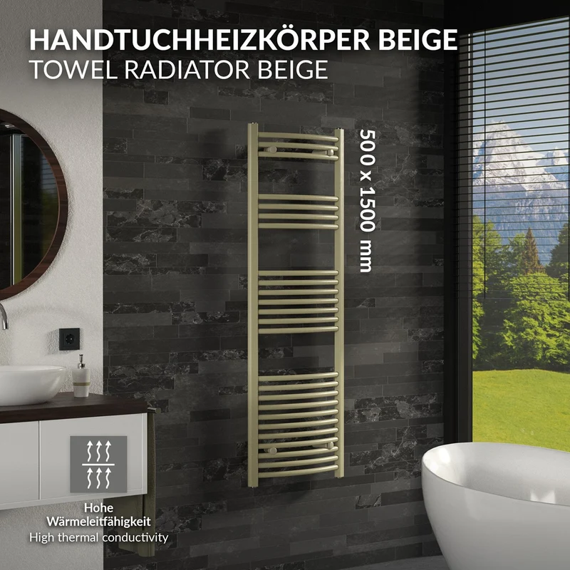 LuxeBath | Handtuchheizkörper Sahara gebogen mit Seitenanschluss 500x1500 mm Stahl Beige Badheizkörper Handtuchtrockner Handtuchhalter für Badezimmer