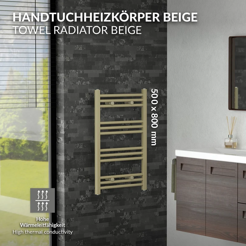 LuxeBath | Handtuchheizkörper Sahara gerade mit Seitenanschluss 500 x 800 mm Stahl Beige Badheizkörper Handtuchtrockner Handtuchhalter für Badezimmer
