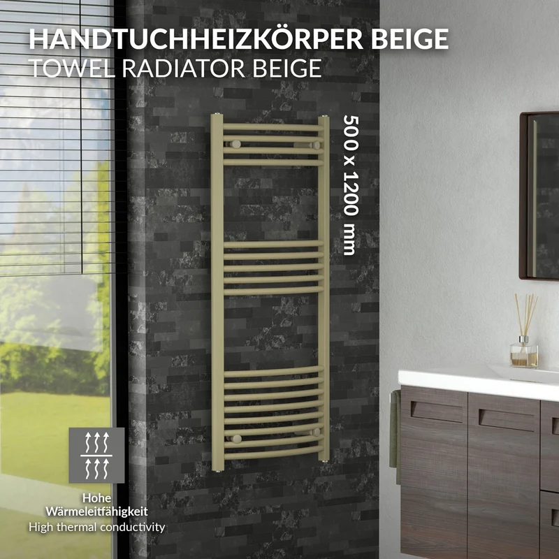 LuxeBath | Handtuchheizkörper Sahara gebogen mit Seitenanschluss 500x1200 mm Stahl Beige Badheizkörper Handtuchtrockner Handtuchhalter für Badezimmer