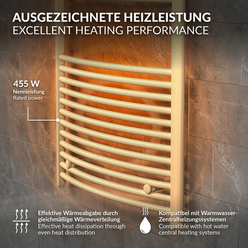 LuxeBath | Handtuchheizkörper Sahara gebogen mit Seitenanschluss 500x1200 mm Stahl Beige Badheizkörper Handtuchtrockner Handtuchhalter für Badezimmer