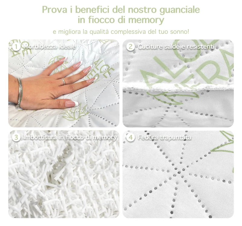 Coppia Guanciali Aloe Vera Fiocco Memory 50x80 Cm Cuscini Saponetta Anatomici Lavabili In Lavatrice Cuscino Letto Traspirante Anallergico A Memoria Contro Dolori Collo Cervicale
