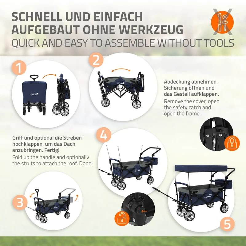 B-Ware Bollerwagen faltbar mit Dach und Tasche Blau/Grau belastbar bis 120 kg Hauki
