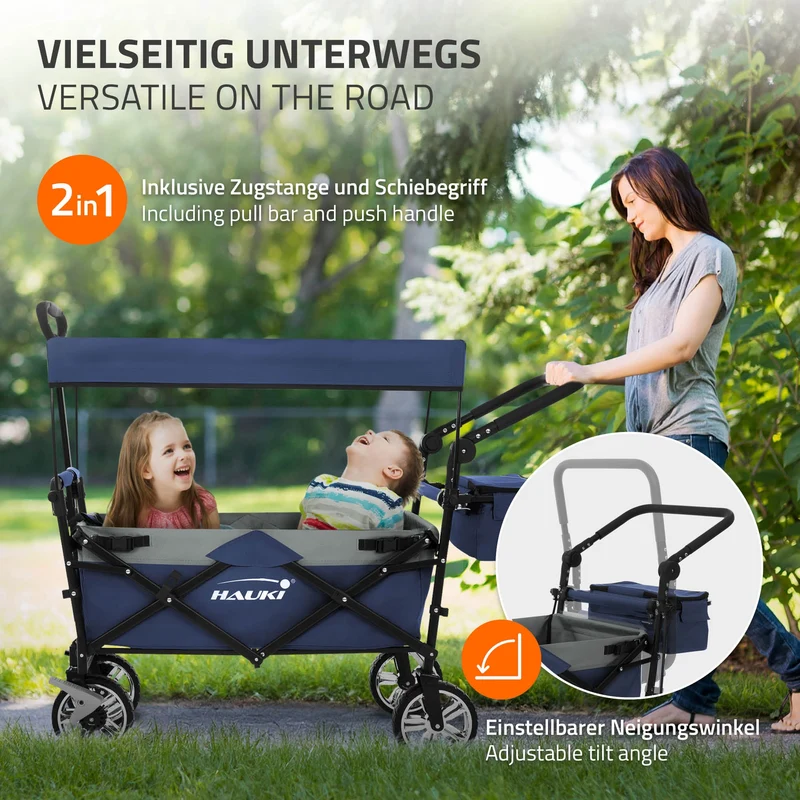 B-Ware Bollerwagen faltbar mit Dach und Tasche Blau/Grau belastbar bis 120 kg Hauki