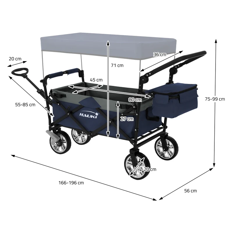 B-Ware Bollerwagen faltbar mit Dach und Tasche Blau/Grau belastbar bis 120 kg Hauki