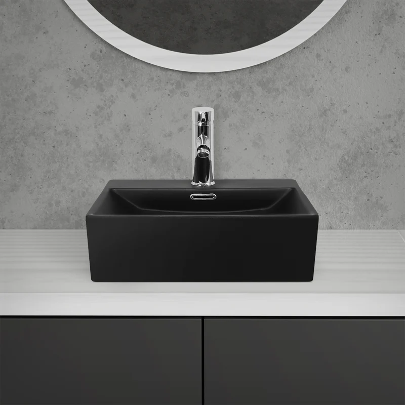 Waschbecken Eckig mit Überlauf 41,5x36x13 cm Schwarz aus Keramik LuxeBath