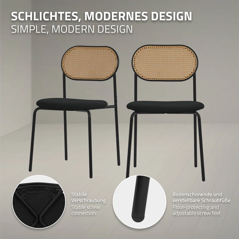 Esszimmerstuhl 6er Set Schwarz bis 120 kg Rattan Rückenlehne ML-Design