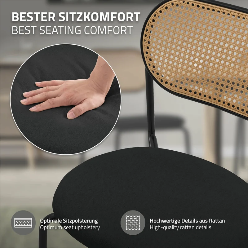 Esszimmerstuhl 6er Set Schwarz bis 120 kg Rattan Rückenlehne ML-Design