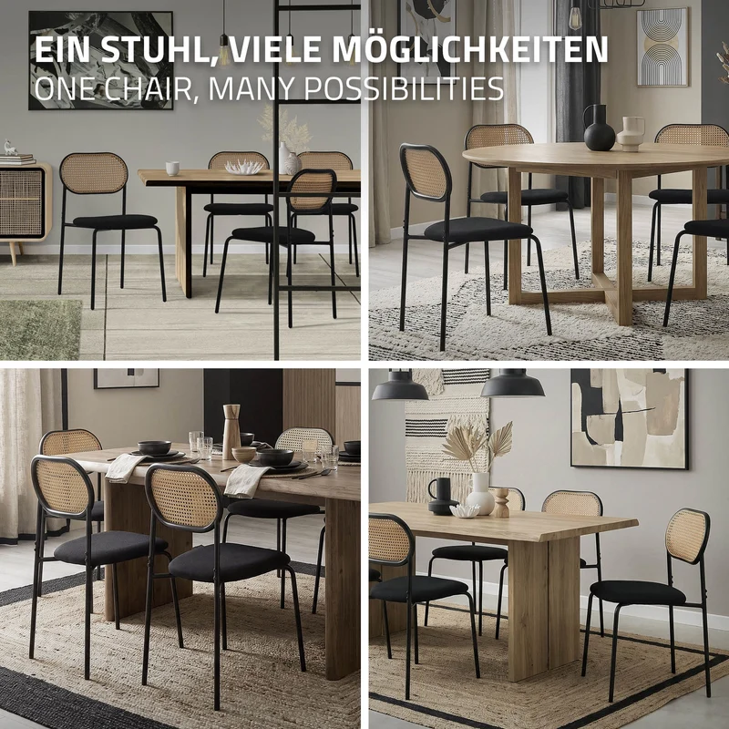Esszimmerstuhl 6er Set Schwarz bis 120 kg Rattan Rückenlehne ML-Design