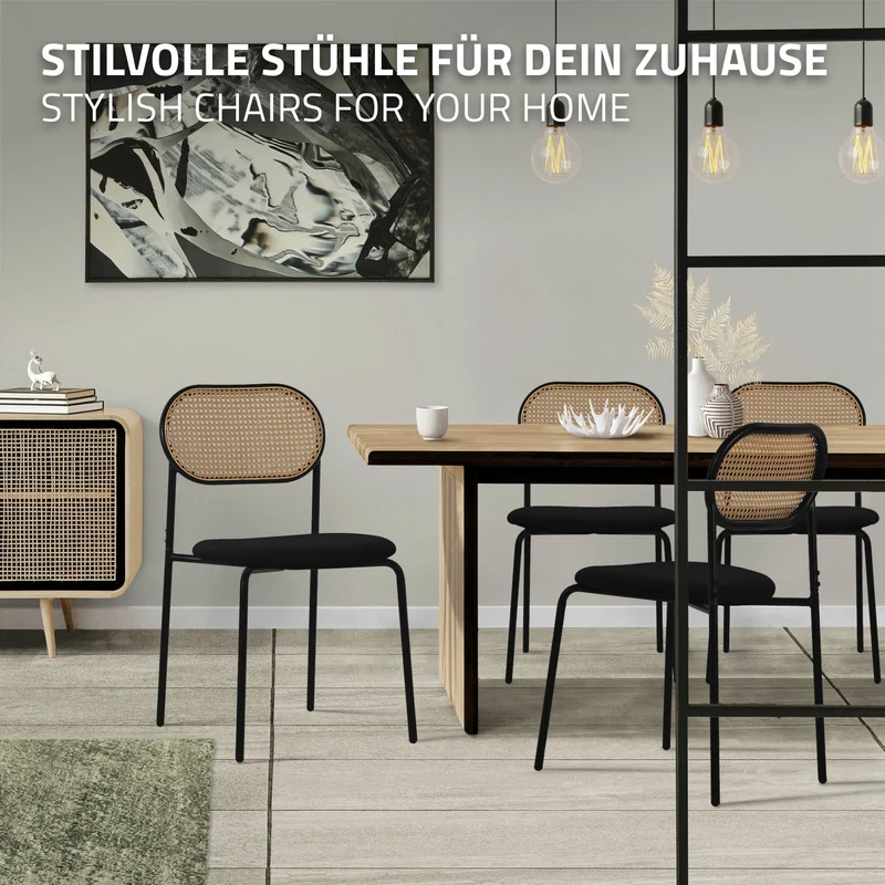 Esszimmerstuhl 4er Set Schwarz bis 120 kg Rattan Rückenlehne ML-Design