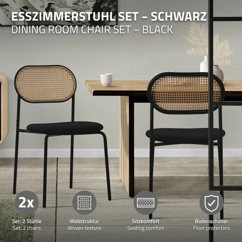 Esszimmerstuhl 2er Set Schwarz bis 120 kg Rattan Rückenlehne ML-Design