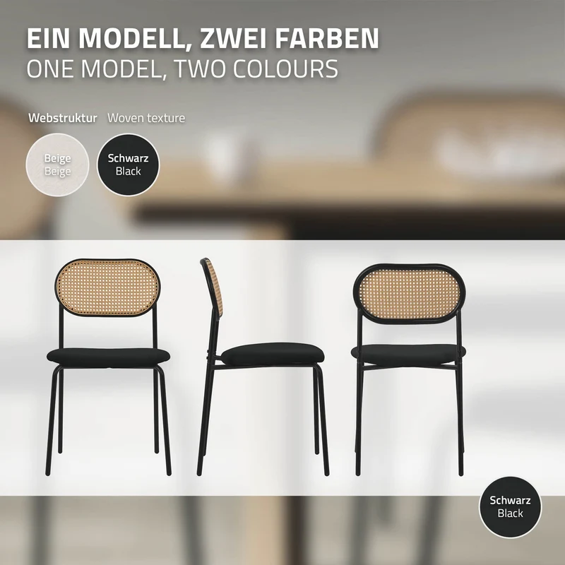 Esszimmerstuhl 2er Set Schwarz bis 120 kg Rattan Rückenlehne ML-Design