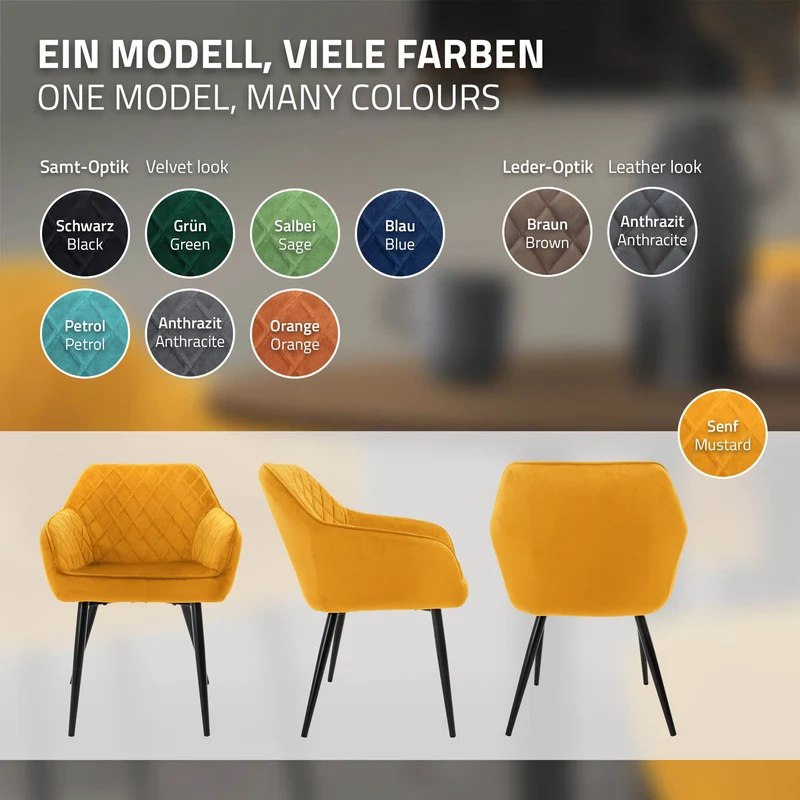 4er Set Esszimmerstühle mit Rücken- & Armlehne Senfgelb Samtbezug mit Metallbeinen ML-Design