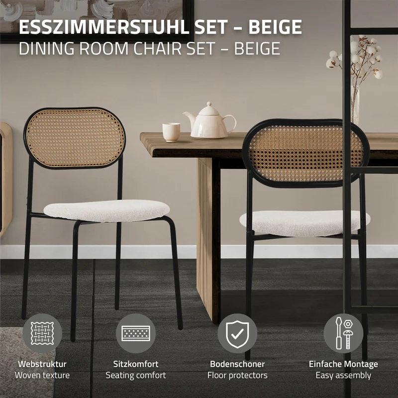 Esszimmerstuhl 4er Set Beige bis 120 kg Rattan Rückenlehne ML-Design