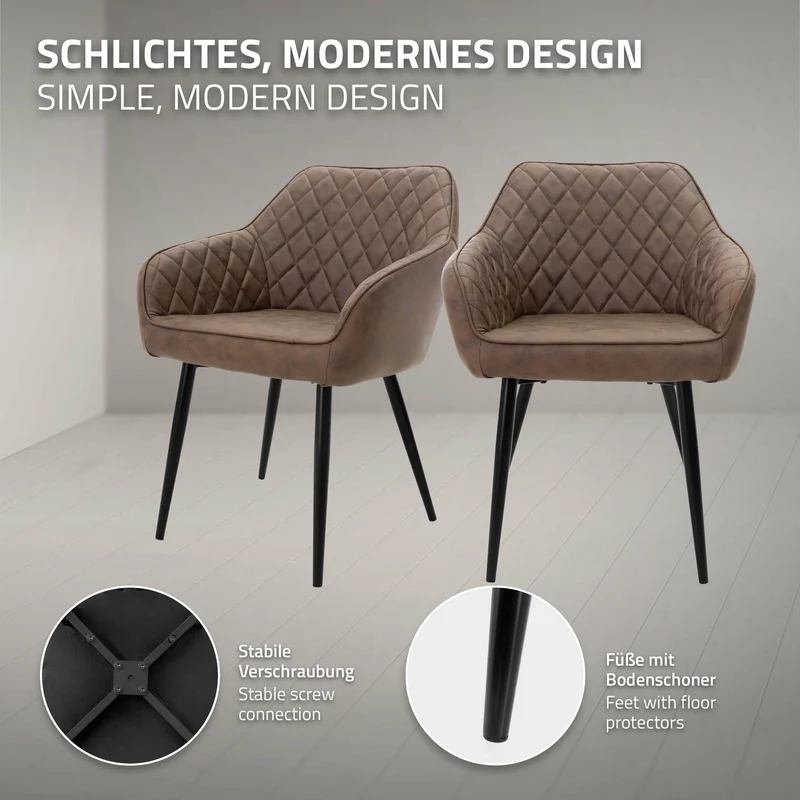 6er Set Esszimmerstuhl Rauten Steppung Braun Kunstlederbezug mit Metallbeinen & Armlehne inkl. Montagematerial ML-Design