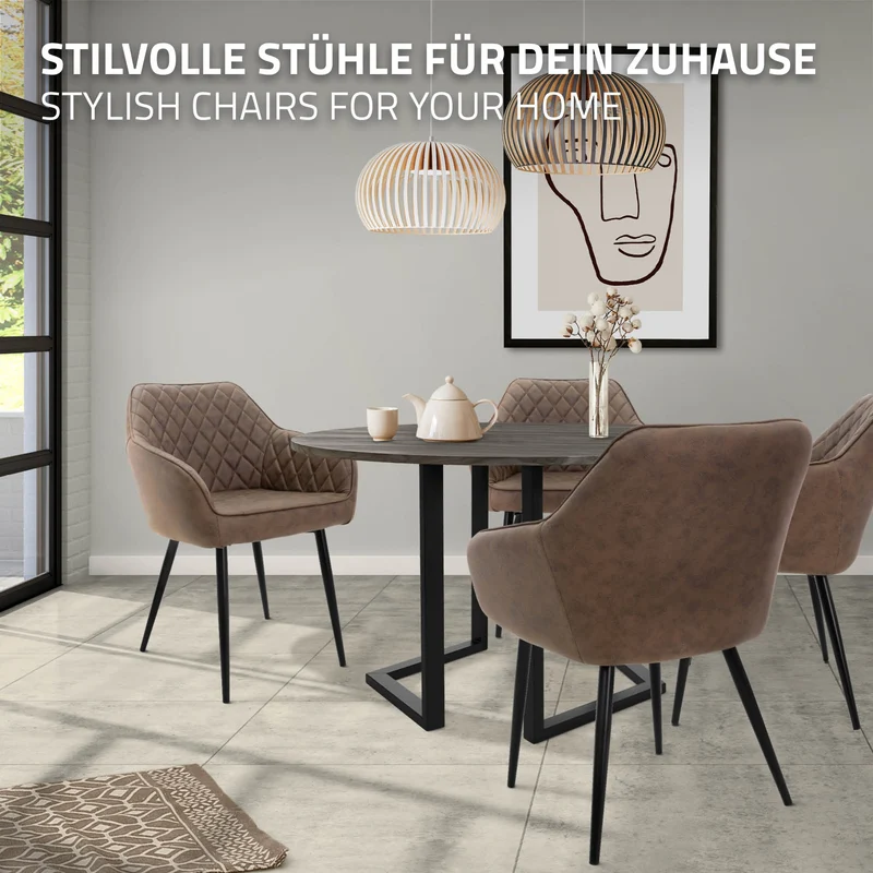 6er Set Esszimmerstuhl Rauten Steppung Braun Kunstlederbezug mit Metallbeinen & Armlehne inkl. Montagematerial ML-Design