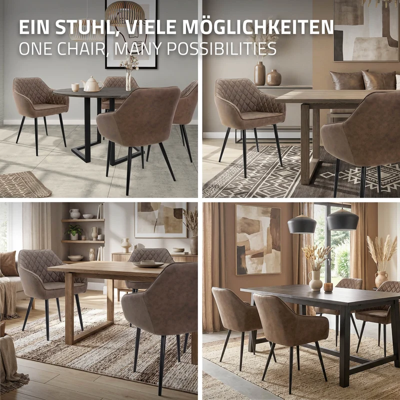 6er Set Esszimmerstuhl Rauten Steppung Braun Kunstlederbezug mit Metallbeinen & Armlehne inkl. Montagematerial ML-Design