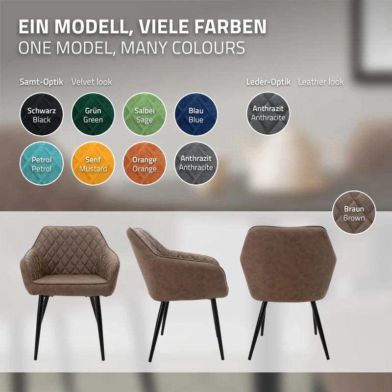 6er Set Esszimmerstuhl Rauten Steppung Braun Kunstlederbezug mit Metallbeinen & Armlehne inkl. Montagematerial ML-Design