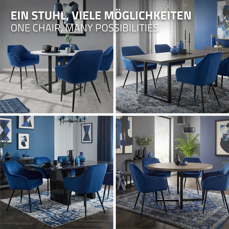 Esszimmerstuhl 4er Set Rauten Steppung mit Rücken- und Armlehnen Dunkelblau Küchenstuhl mit Microfaser-Samtbezug ML-Design