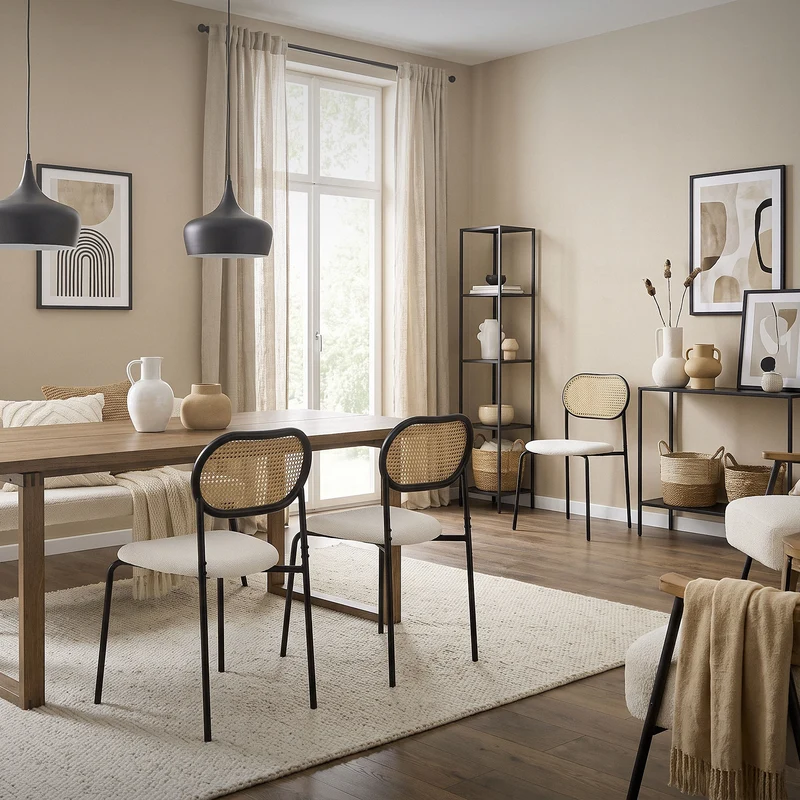 Esszimmerstuhl 6er Set Beige bis 120 kg Rattan Rückenlehne ML-Design