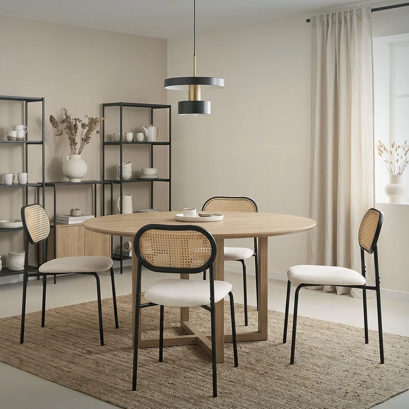 Esszimmerstuhl 6er Set Beige bis 120 kg Rattan Rückenlehne ML-Design