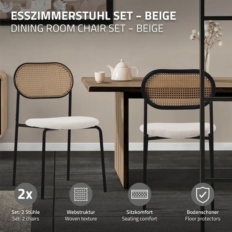 Esszimmerstuhl 2er Set Beige bis 120 kg Rattan Rückenlehne ML-Design