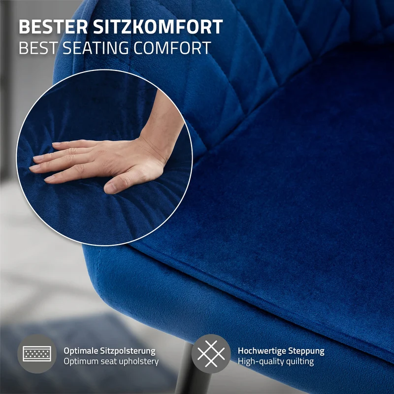 Esszimmerstuhl 6er Set Rauten Steppung mit Rücken- und Armlehnen Dunkelblau Küchenstuhl mit Microfaser-Samtbezug ML-Design
