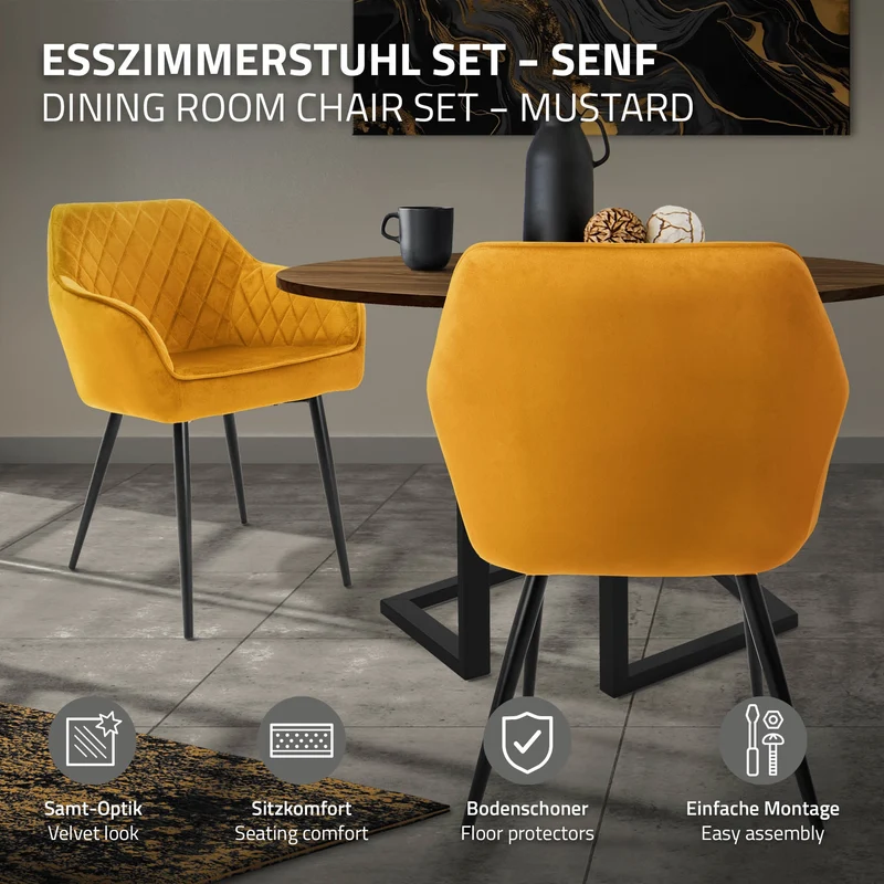 Esszimmerstühle mit Rücken- & Armlehne 2er Set Senfgelb Samtbezug mit Metallbeinen ML-Design