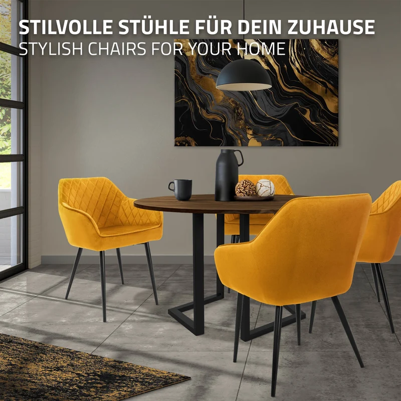 Esszimmerstühle mit Rücken- & Armlehne 2er Set Senfgelb Samtbezug mit Metallbeinen ML-Design