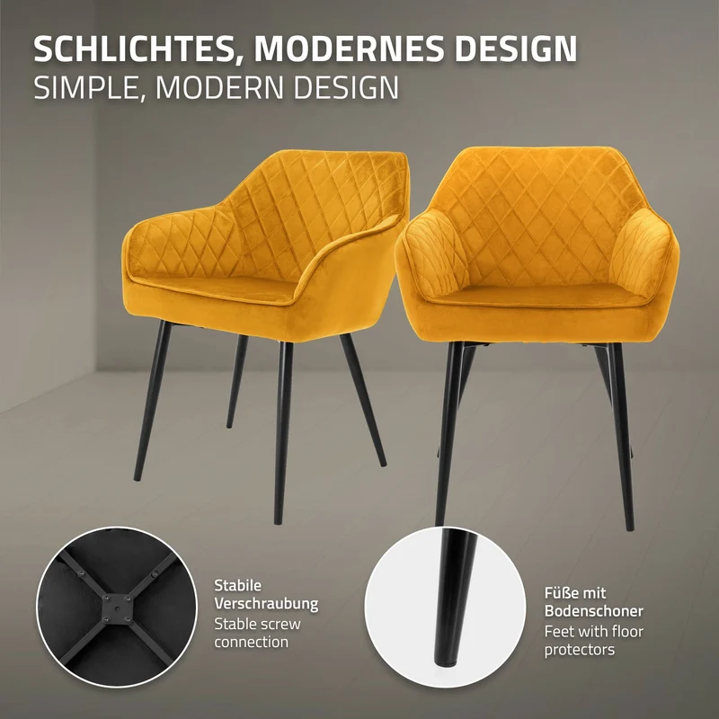 6er Set Esszimmerstühle mit Rücken- & Armlehne Senfgelb Samtbezug mit Metallbeinen ML-Design