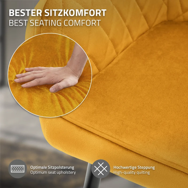 6er Set Esszimmerstühle mit Rücken- & Armlehne Senfgelb Samtbezug mit Metallbeinen ML-Design