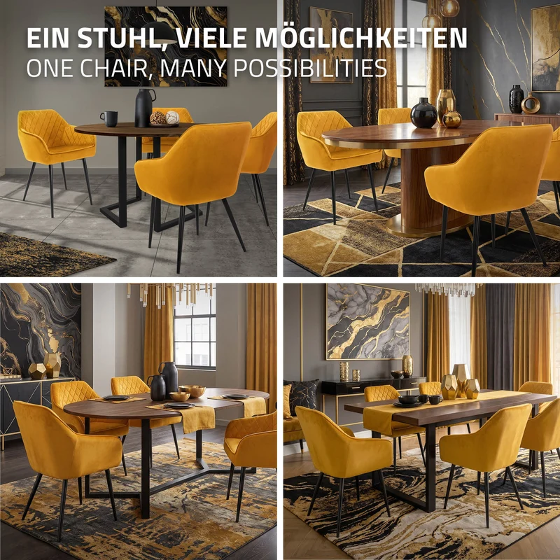 6er Set Esszimmerstühle mit Rücken- & Armlehne Senfgelb Samtbezug mit Metallbeinen ML-Design