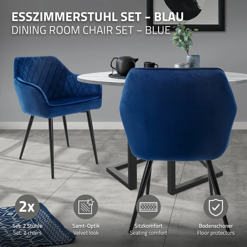Esszimmerstuhl 2er Set Rauten Steppung mit Rücken- und Armlehnen Dunkelblau Küchenstuhl mit Microfaser-Samtbezug ML-Design