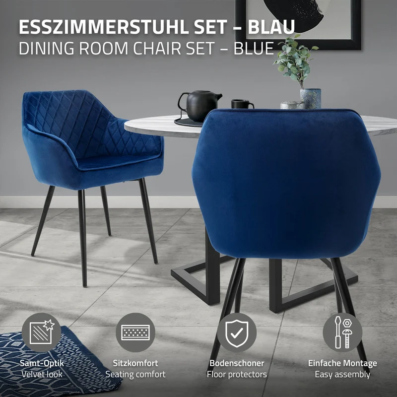 Esszimmerstuhl 2er Set Rauten Steppung mit Rücken- und Armlehnen Dunkelblau Küchenstuhl mit Microfaser-Samtbezug ML-Design