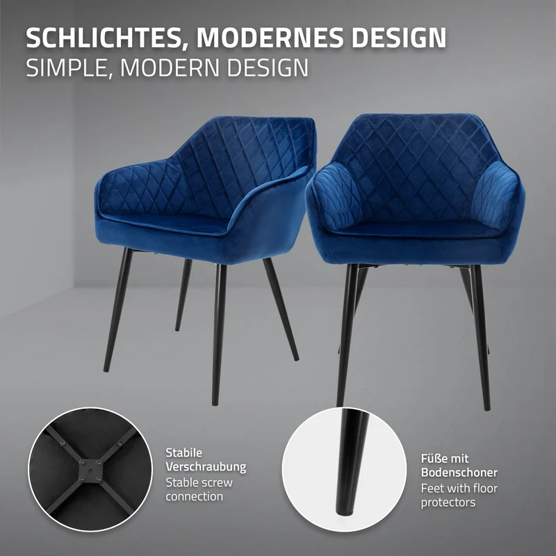 Esszimmerstuhl 2er Set Rauten Steppung mit Rücken- und Armlehnen Dunkelblau Küchenstuhl mit Microfaser-Samtbezug ML-Design