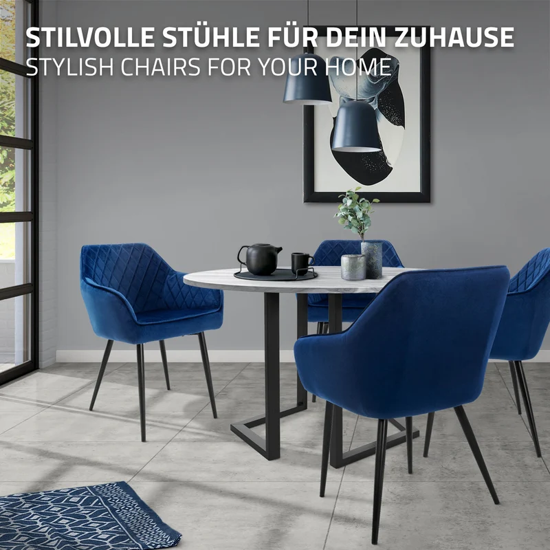 Esszimmerstuhl 2er Set Rauten Steppung mit Rücken- und Armlehnen Dunkelblau Küchenstuhl mit Microfaser-Samtbezug ML-Design